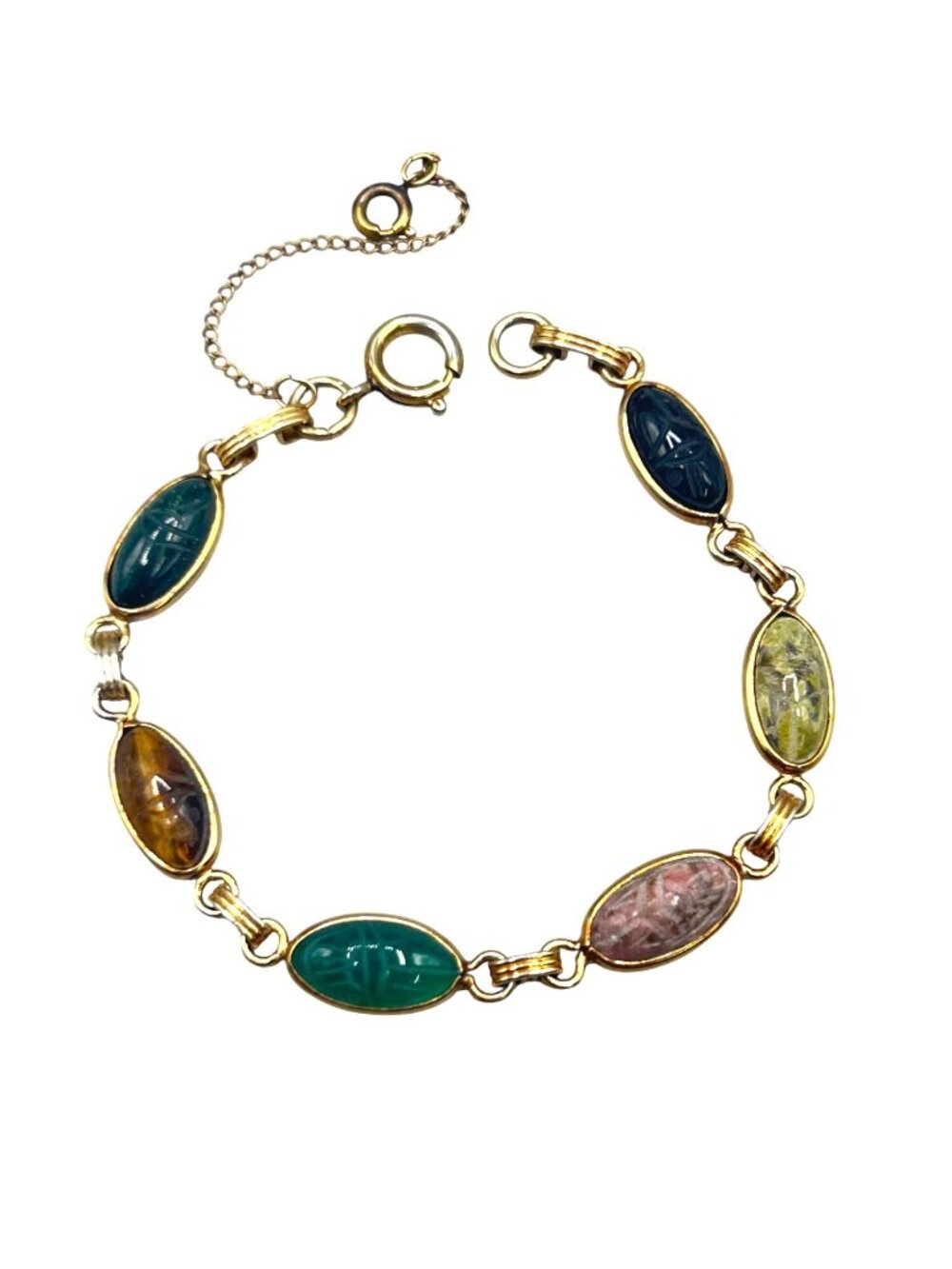 Vintage Scarab Bracelet Carved Gemstones Egyptian Revival Gold Filled